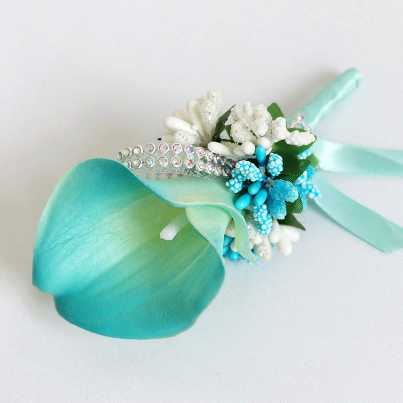 ChezMax Calla Lily Blue Boutonniere Handmade Silk Flower with Ribbon Corsage for Bride Groom Wedding Party 6 Packs - Image 4